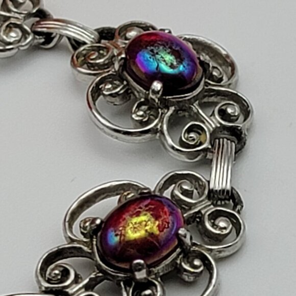 Vintage Emmons Silver Tone Flower Link Red AB Rhinestone Bracelet 7 in Art Deco - Picture 4 of 9